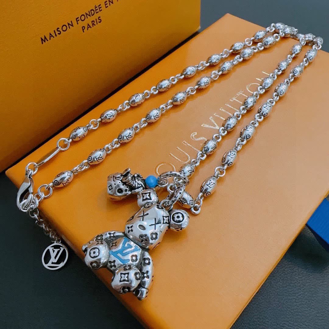 Louis Vuitton Silver Beaded Necklace with Bear Charm